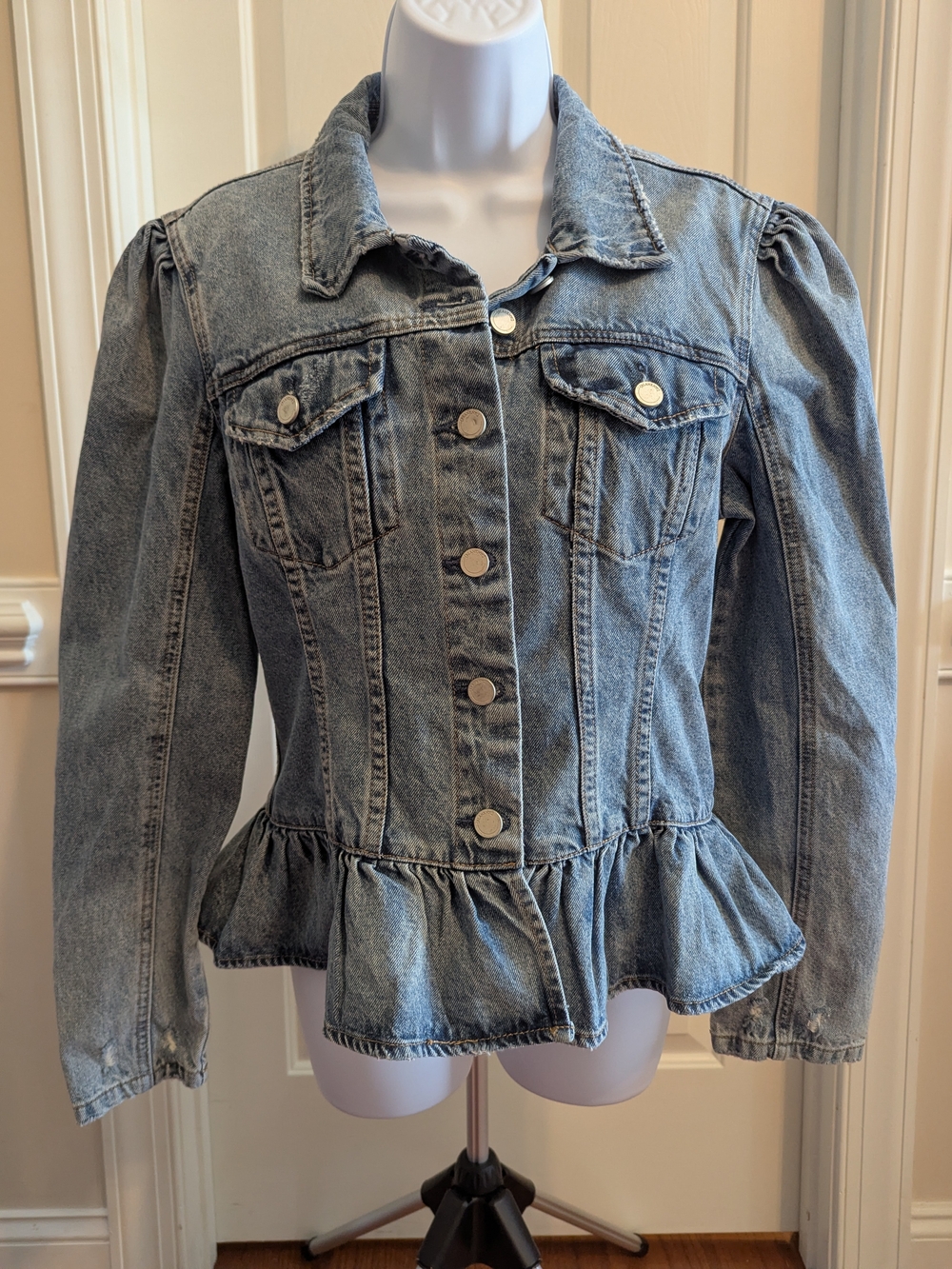 Classic Blue Denim Peplum Jacket - Women's